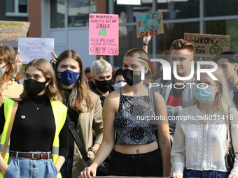 Young protesters with pro-climate banners are seen in Gdansk, Poland, on 25 September 2020  Several hundreds Children and young people weari...