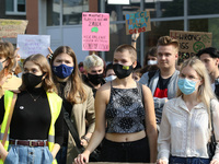 Young protesters with pro-climate banners are seen in Gdansk, Poland, on 25 September 2020  Several hundreds Children and young people weari...