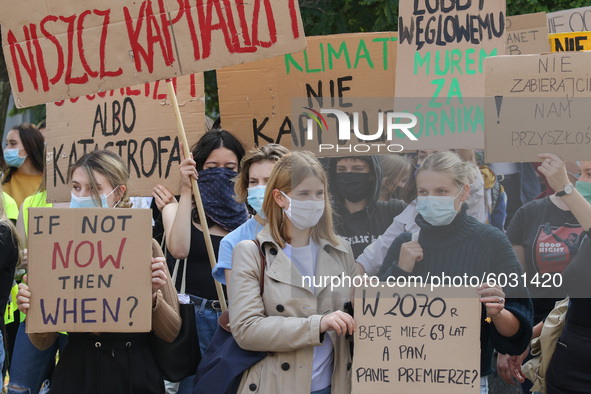 Young protesters with pro-climate banners are seen in Gdansk, Poland, on 25 September 2020  Several hundreds Children and young people weari...