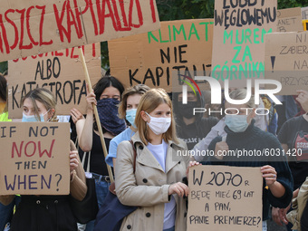 Young protesters with pro-climate banners are seen in Gdansk, Poland, on 25 September 2020  Several hundreds Children and young people weari...