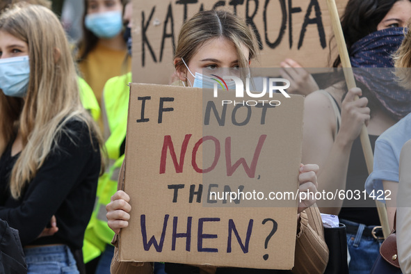 Young protesters with pro-climate banners are seen in Gdansk, Poland, on 25 September 2020  Several hundreds Children and young people weari...