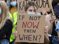 Young protesters with pro-climate banners are seen in Gdansk, Poland, on 25 September 2020  Several hundreds Children and young people weari...