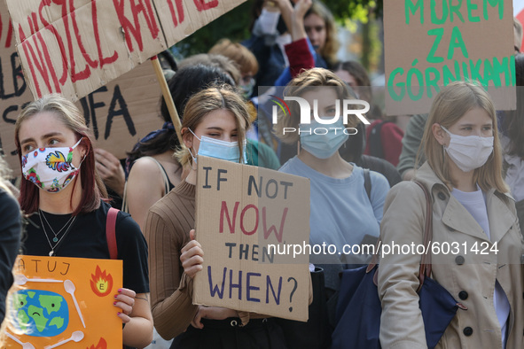 Young protesters with pro-climate banners are seen in Gdansk, Poland, on 25 September 2020  Several hundreds Children and young people weari...