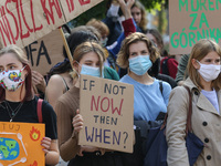 Young protesters with pro-climate banners are seen in Gdansk, Poland, on 25 September 2020  Several hundreds Children and young people weari...