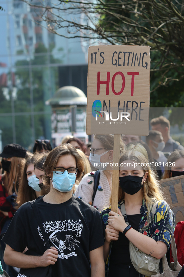 Young protesters with pro-climate banners are seen in Gdansk, Poland, on 25 September 2020  Several hundreds Children and young people weari...