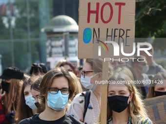 Young protesters with pro-climate banners are seen in Gdansk, Poland, on 25 September 2020  Several hundreds Children and young people weari...