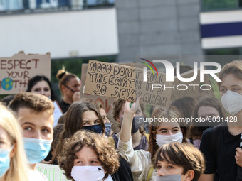 Young protesters with pro-climate banners are seen in Gdansk, Poland, on 25 September 2020  Several hundreds Children and young people weari...