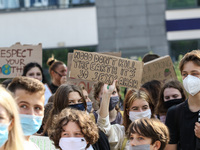 Young protesters with pro-climate banners are seen in Gdansk, Poland, on 25 September 2020  Several hundreds Children and young people weari...