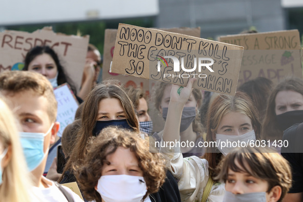 Young protesters with pro-climate banners are seen in Gdansk, Poland, on 25 September 2020  Several hundreds Children and young people weari...