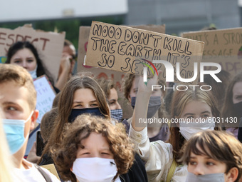 Young protesters with pro-climate banners are seen in Gdansk, Poland, on 25 September 2020  Several hundreds Children and young people weari...