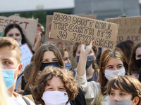 Young protesters with pro-climate banners are seen in Gdansk, Poland, on 25 September 2020  Several hundreds Children and young people weari...