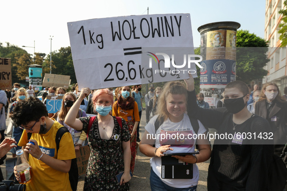 Young protesters with pro-climate banners are seen in Gdansk, Poland, on 25 September 2020  Several hundreds Children and young people weari...