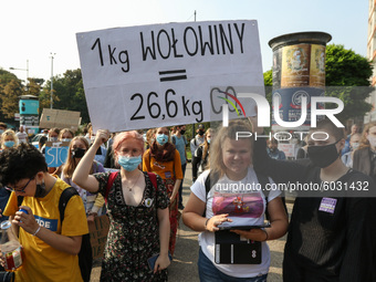 Young protesters with pro-climate banners are seen in Gdansk, Poland, on 25 September 2020  Several hundreds Children and young people weari...