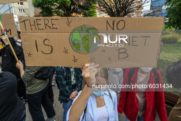 Young protesters with pro-climate banners are seen in Gdansk, Poland, on 25 September 2020  Several hundreds Children and young people weari...