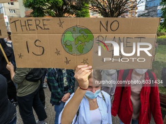 Young protesters with pro-climate banners are seen in Gdansk, Poland, on 25 September 2020  Several hundreds Children and young people weari...