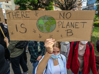 Young protesters with pro-climate banners are seen in Gdansk, Poland, on 25 September 2020  Several hundreds Children and young people weari...