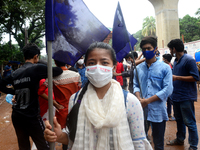 Student Union activists stage a demonstration in front of Ministry of Education demanding reducing the fee of school and college students du...