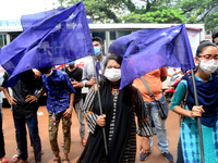 Student Union activists stage a demonstration in front of Ministry of Education demanding reducing the fee of school and college students du...