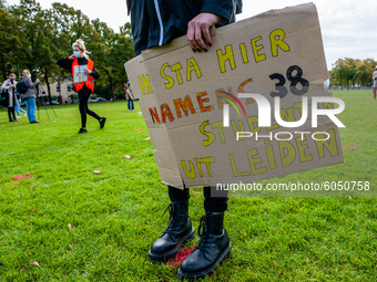 A student is holding a placard, during the students protest for more physical attendance classes, in Amsterdam, Netherlands on October 2nd,...