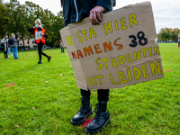 A student is holding a placard, during the students protest for more physical attendance classes, in Amsterdam, Netherlands on October 2nd,...