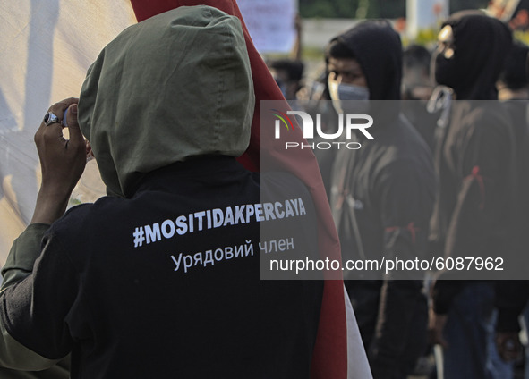 Indonesian student during a demonstration against a new Indonesian labour law passed last week, in Bogor, West Java, October 14, 2020. 