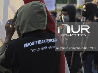 Indonesian student during a demonstration against a new Indonesian labour law passed last week, in Bogor, West Java, October 14, 2020. (