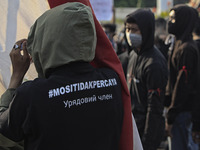 Indonesian student during a demonstration against a new Indonesian labour law passed last week, in Bogor, West Java, October 14, 2020. (