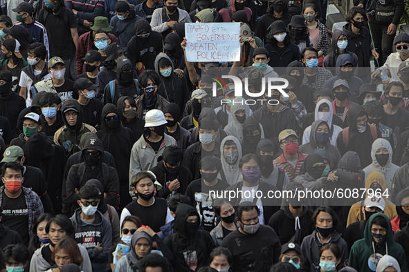 Indonesian student shout a slogan during a demonstration against a new Indonesian labour law passed last week, in Bogor, West Java, October...