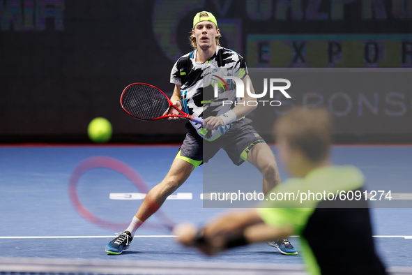 Denis Shapovalov of Canada in action during his ATP St. Petersburg Open 2020 international tennis tournament match against Ilya Ivashko of B...