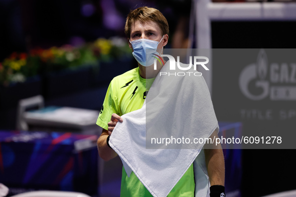 Ilya Ivashko of Belarus is seen wearing protective mask during his ATP St. Petersburg Open 2020 international tennis tournament match agains...