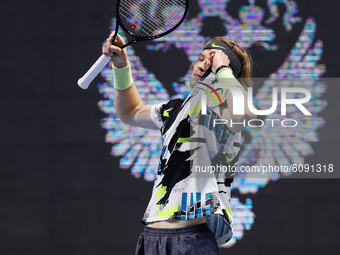 Andrey Rublev of Russia reacts during his ATP St. Petersburg Open 2020 international tennis tournament match against Ugo Humbert of France o...