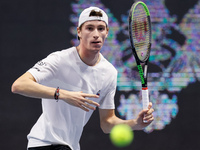 Ugo Humbert of France in action during his ATP St. Petersburg Open 2020 international tennis tournament match against Andrey Rublev of Russi...