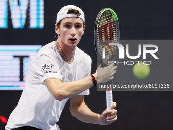Ugo Humbert of France during his ATP St. Petersburg Open 2020 international tennis tournament match against Andrey Rublev of Russia on Octob...