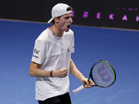 Ugo Humbert of France celebrates during his ATP St. Petersburg Open 2020 international tennis tournament match against Andrey Rublev of Russ...
