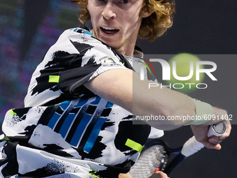 Andrey Rublev of Russia returns the ball to Ugo Humbert of France during their ATP St. Petersburg Open 2020 international tennis tournament...