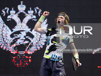 Andrey Rublev of Russia celebrates during his ATP St. Petersburg Open 2020 international tennis tournament match against Ugo Humbert of Fran...