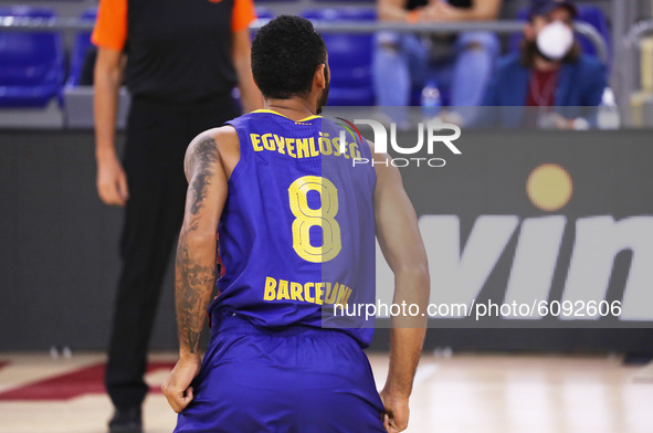 Adam Hanga with the word equality in Hungarian on the back of his shirt during the match between FC Barcelona and Panathinaikos BC, correspo...