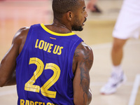 Cory Higgins with the word love us on the back of his shirt during the match between FC Barcelona and Panathinaikos BC, corresponding to the...