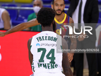 Howard Sant-Roos with the word freedom on the back of his shirt during the match between FC Barcelona and Panathinaikos BC, corresponding to...