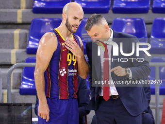 Sarunas Jasikevicius and Nick Calathes during the match between FC Barcelona and Panathinaikos BC, corresponding to the week 4 of the Eurole...