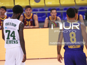 Howard Sant-Roos and Adam Hanga during the match between FC Barcelona and Panathinaikos BC, corresponding to the week 4 of the Euroleague, p...
