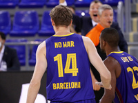 Artem Pustovyi with the words no war on the back of his shirt during the match between FC Barcelona and Panathinaikos BC, corresponding to t...