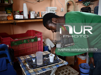 Anton Gordon is preparing English coffee in the small shop his family owns in the village of Kostur, Bulgaria on May 02, 2015 (