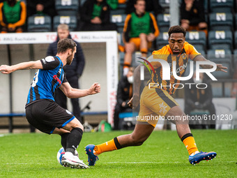 Jimmy Ryan of Rochdale AFC wrong foots Mallik Wilks of Hull City FC during the Sky Bet League 1 match between Rochdale and Hull City at Spot...