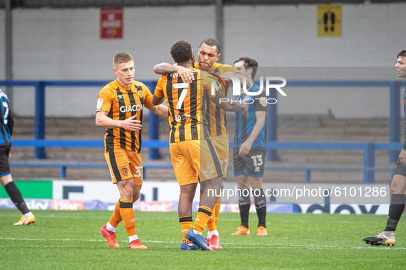 Mallik Wilks of Hull City FC celebrates his second goal with his team mates during the Sky Bet League 1 match between Rochdale and Hull City...