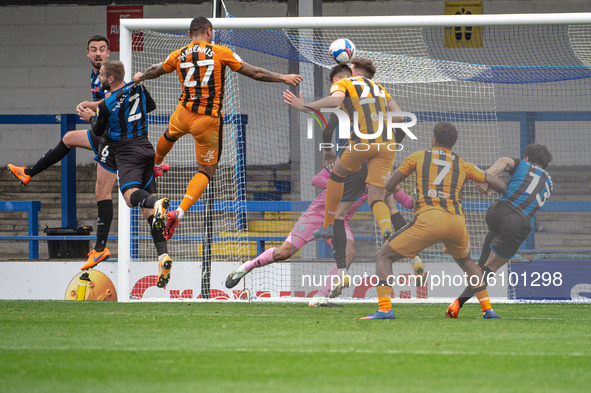 Josh Magennis of Hull City FC heads in the third goal for Hull during the Sky Bet League 1 match between Rochdale and Hull City at Spotland...