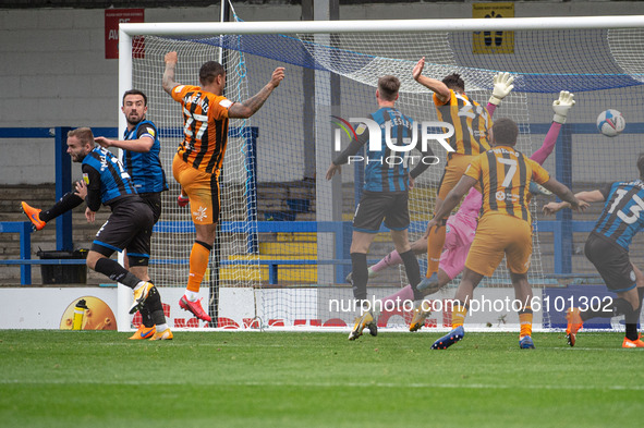 Josh Magennis of Hull City FC heads in the third goal for Hull during the Sky Bet League 1 match between Rochdale and Hull City at Spotland...