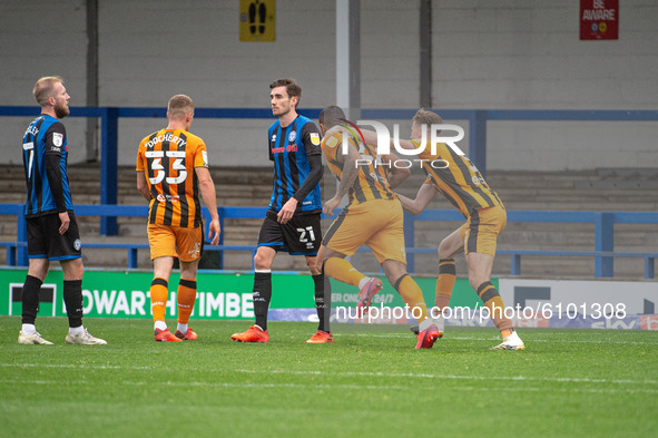 Josh Magennis of Hull City FC celebrates his goal with his team mates during the Sky Bet League 1 match between Rochdale and Hull City at Sp...