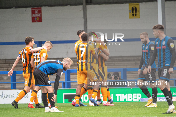 Josh Magennis of Hull City FC celebrates his goal with his team mates during the Sky Bet League 1 match between Rochdale and Hull City at Sp...