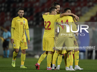 Darius Olaru, Radu Dragusin, Alexandru Matan, Marius Marin and Andrei Ciobanu of Romania U21 celebrate during  the soccer match between Roma...